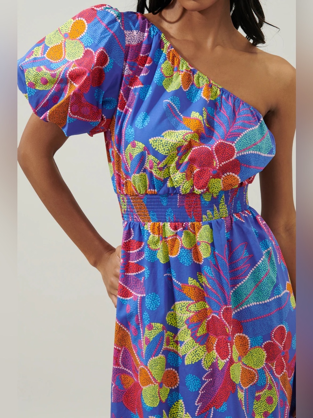 Sugarlips Amazonia Blue Bridgette One Shoulder Midi Floral Dress - Size Small